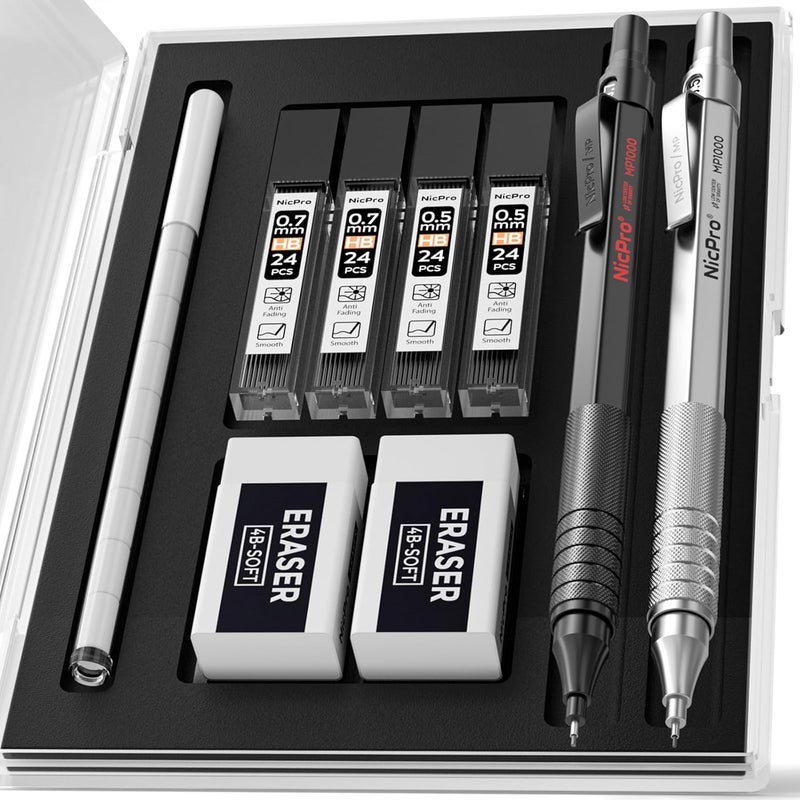 Nicpro 2 قطع أقلام ميكانيكية 0.5 مم و 0.7 مم مع علبة، مجموعة أقلام فنية معدنية MP1000 مع 4 أنابيب من إعادة تعبئة الرصاص HB، 2 ممحاة، 9 إعادة تعبئة ممحاة للرسم والكتابة والتخطيط، أسود وفضي - Image 1