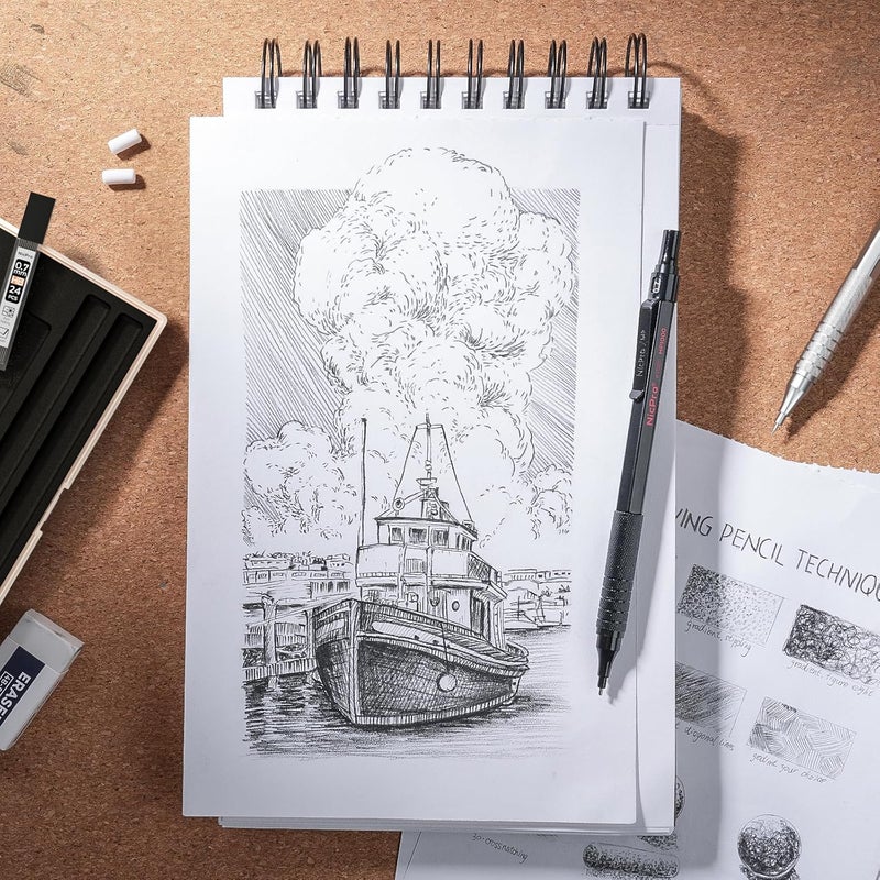 Nicpro 2 قطع أقلام ميكانيكية 0.5 مم و 0.7 مم مع علبة، مجموعة أقلام فنية معدنية MP1000 مع 4 أنابيب من إعادة تعبئة الرصاص HB، 2 ممحاة، 9 إعادة تعبئة ممحاة للرسم والكتابة والتخطيط، أسود وفضي - Image 5