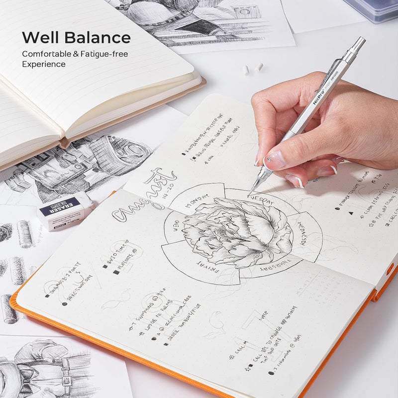 Nicpro 2 قطع أقلام ميكانيكية 0.5 مم و 0.7 مم مع علبة، مجموعة أقلام فنية معدنية MP1000 مع 4 أنابيب من إعادة تعبئة الرصاص HB، 2 ممحاة، 9 إعادة تعبئة ممحاة للرسم والكتابة والتخطيط، أسود وفضي - Image 4