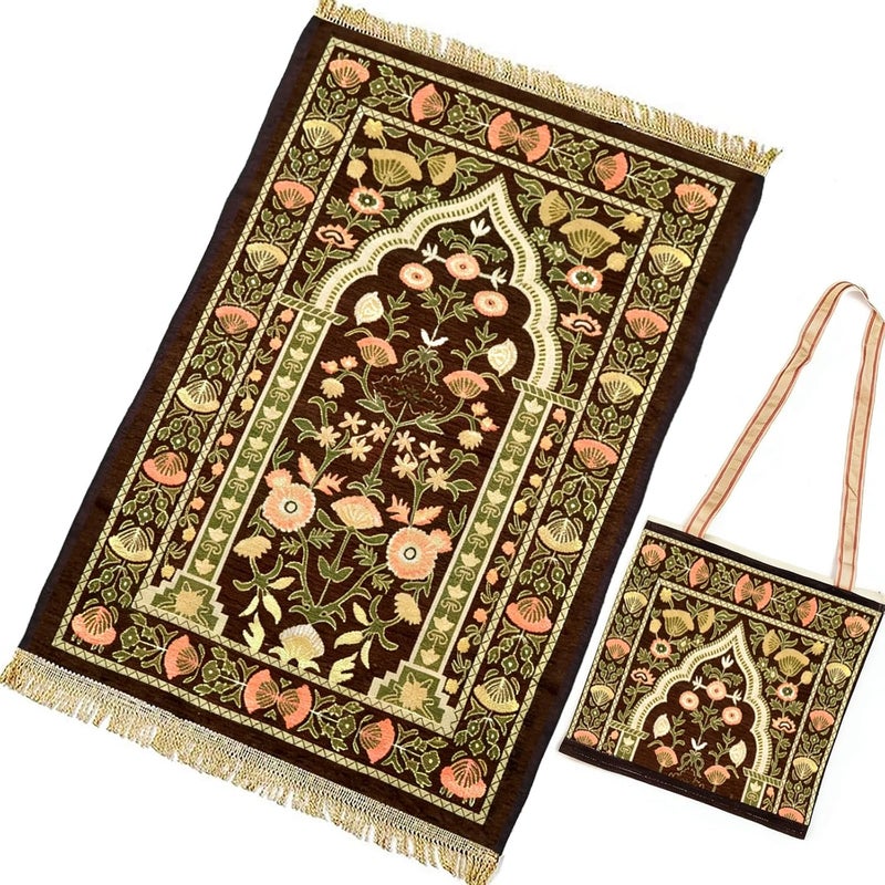 Pomefar Prayer Mat with Storage Bag, Ramadan Portable Praying Rug, Foldable Washable Polyester for Men & Women Eid Gift (Brown) - Image 1
