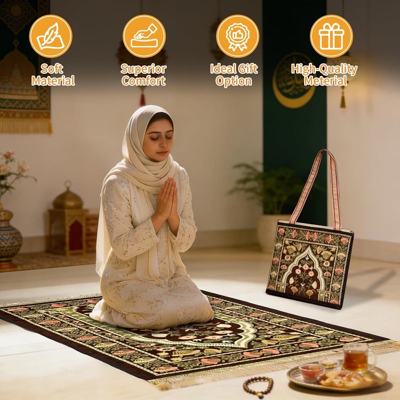 Pomefar Prayer Mat with Storage Bag, Ramadan Portable Praying Rug, Foldable Washable Polyester for Men & Women Eid Gift (Brown) - Image 4