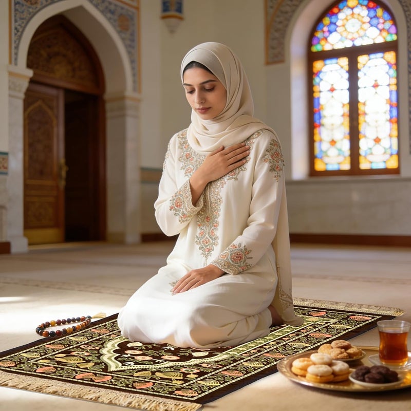 Pomefar Prayer Mat with Storage Bag, Ramadan Portable Praying Rug, Foldable Washable Polyester for Men & Women Eid Gift (Brown) - Image 2