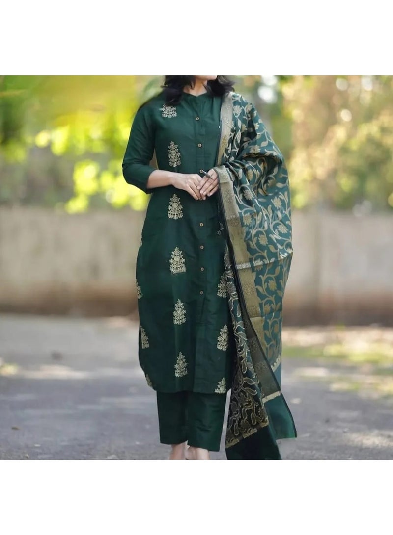 IndHeritage Premium dark green cotton 3 piece kurti set - IDH00220  - Image 1