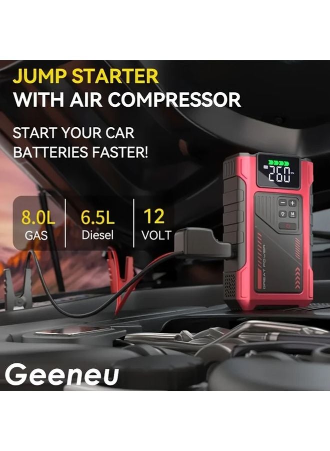 Red 6000A Peak Car Jump Starter with 150PSI Air Compressor Tire Inflator 12V USB LED Light - Image 5