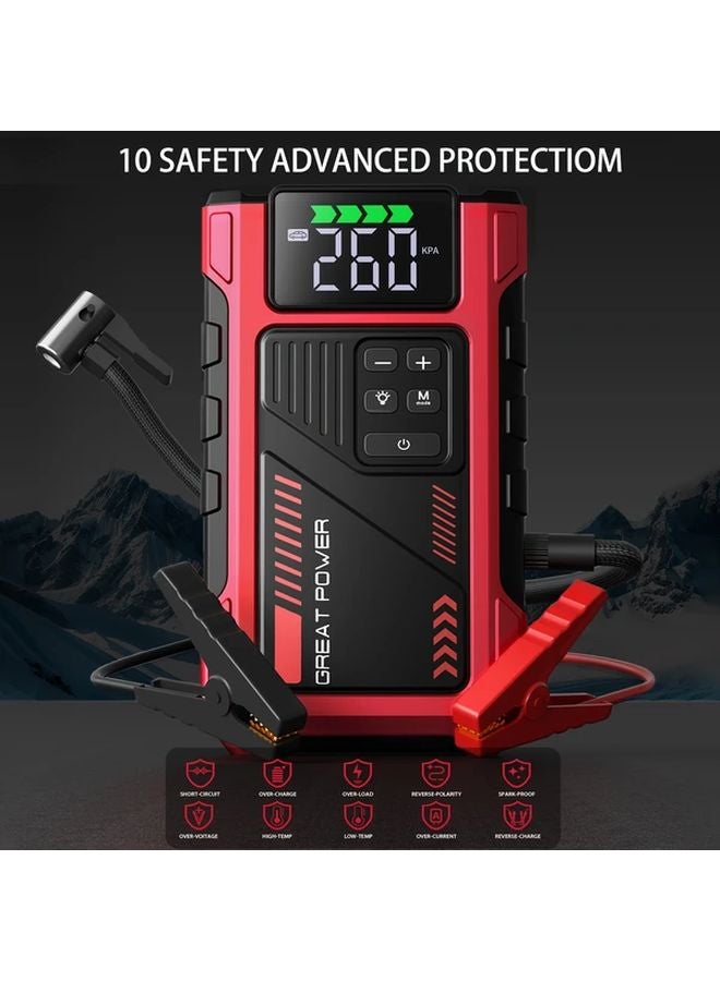 Red 6000A Peak Car Jump Starter with 150PSI Air Compressor Tire Inflator 12V USB LED Light - Image 3