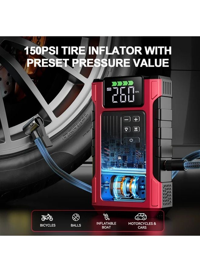 Red 6000A Peak Car Jump Starter with 150PSI Air Compressor Tire Inflator 12V USB LED Light - Image 4