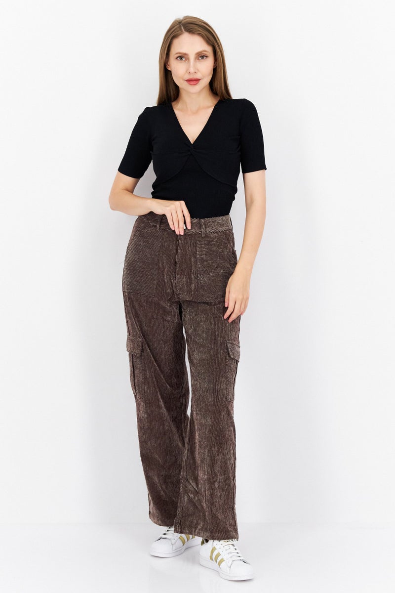 En Saison Women Regular Fit Corduroy Cargo Pants, Brown - Image 4