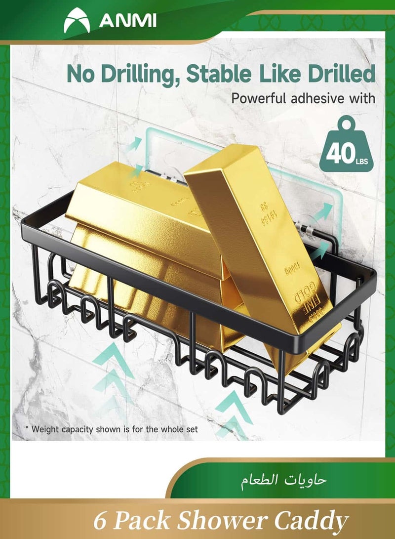 Anmi 6-Pack Rustproof Shower Caddy Set - No-Drilling Adhesive Bathroom Shelves with Soap Holder & Hooks, Large Capacity Wall-Mounted Storage for Bathroom & Kitchen, Matte Black - Image 3