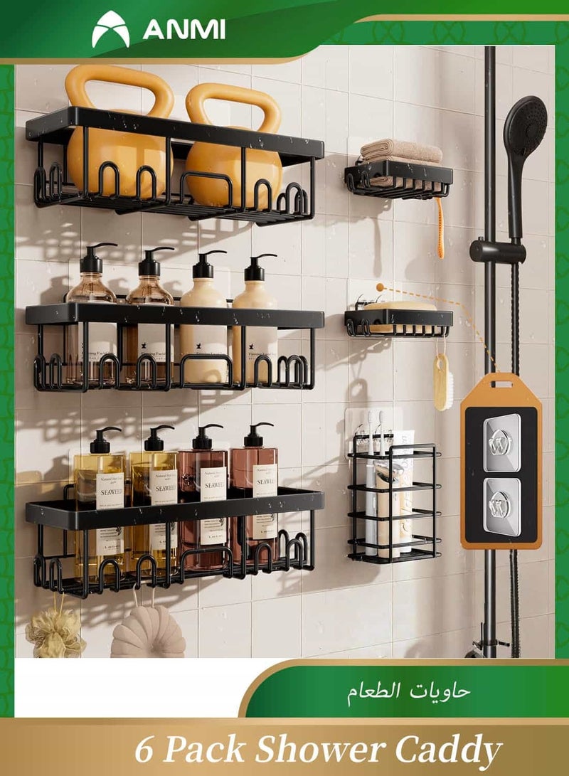 Anmi 6-Pack Rustproof Shower Caddy Set - No-Drilling Adhesive Bathroom Shelves with Soap Holder & Hooks, Large Capacity Wall-Mounted Storage for Bathroom & Kitchen, Matte Black - Image 1