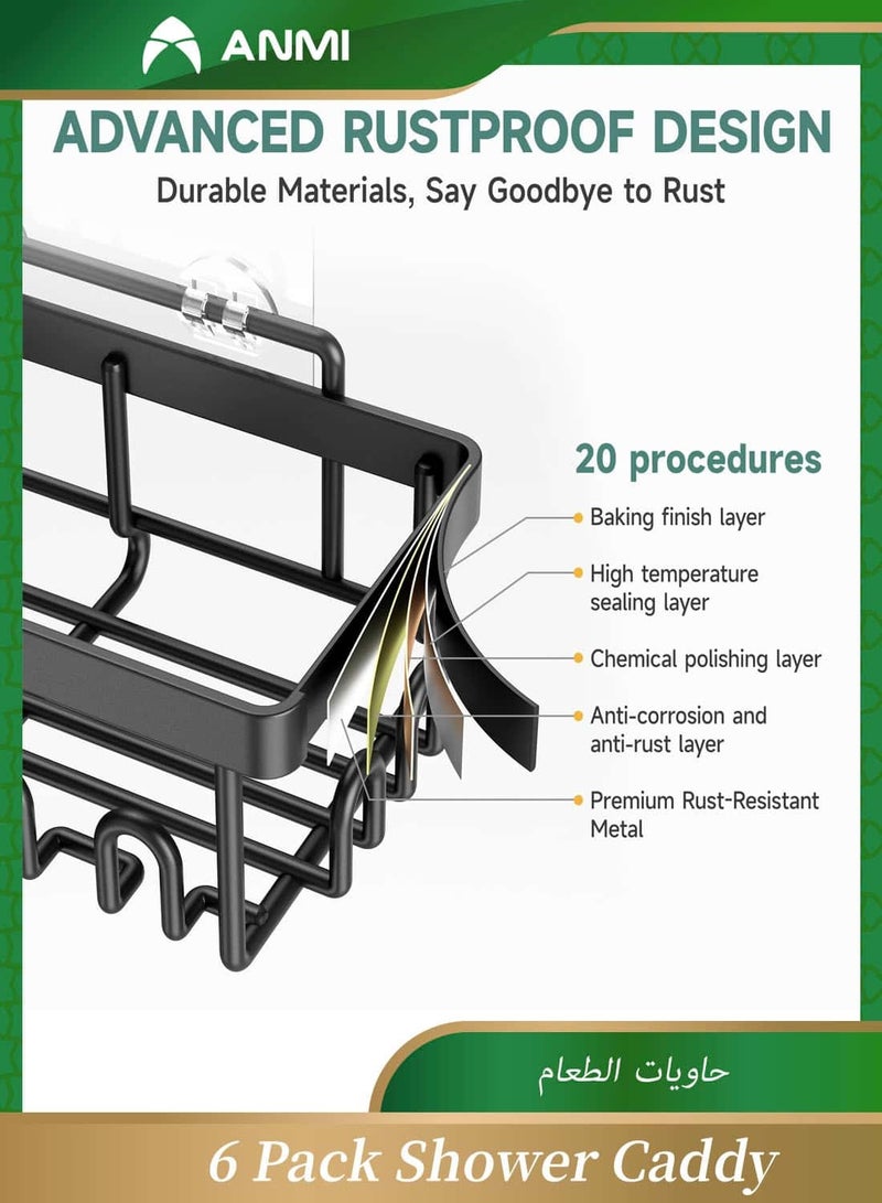 Anmi 6-Pack Rustproof Shower Caddy Set - No-Drilling Adhesive Bathroom Shelves with Soap Holder & Hooks, Large Capacity Wall-Mounted Storage for Bathroom & Kitchen, Matte Black - Image 4