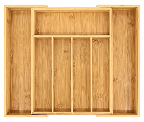 VaeFae Bamboo Drawer Organizer, Expandable Silverware Drawer Organizer, Cutlery Tray with Dividers for Kitchen Utensils, Medium - Image 1