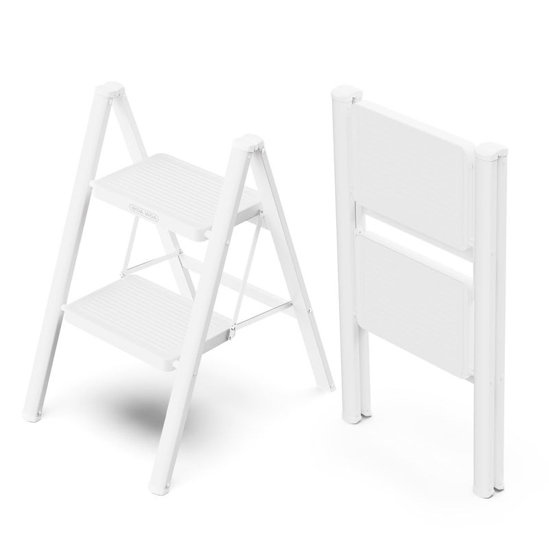 WOA WOA 2 Step Ladder Folding Step Stool with Broad Pedals Compact Stepping Stool Sturdy Steel Ladders for Home with AntiSlip Feet Supports up to 330 lbs White