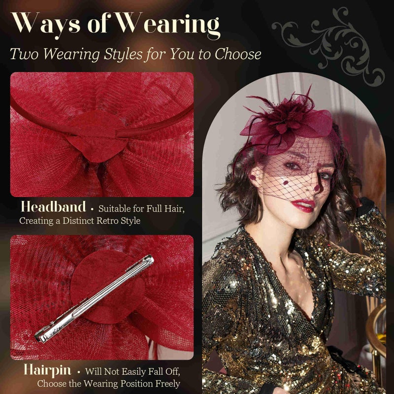 Masedy Fascinators Hats for Women Tea Party Hat Feather Mesh Headband Vintage Lace Headwear Veil Hair Clip Church Wine Red - Image 3