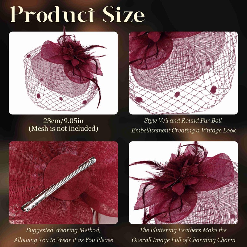Masedy Fascinators Hats for Women Tea Party Hat Feather Mesh Headband Vintage Lace Headwear Veil Hair Clip Church Wine Red - Image 2
