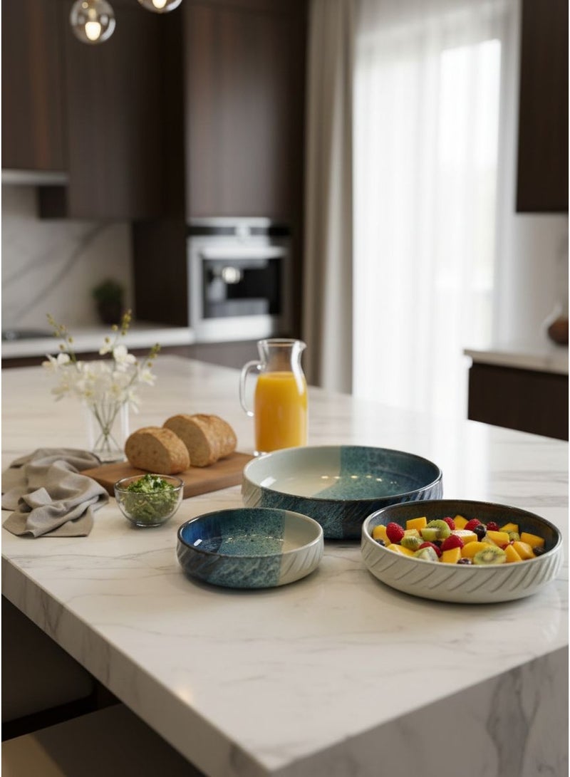 كذا هوم كاسا هوم طقم أوعية تقديم من بورسلين ستونوير – تشطيب مزجج يدويًا بطابع حرفي، أزرق محيطي وعاجي ناعم، أطباق دائرية ضحلة عصرية للطعام والضيافة - Image 4