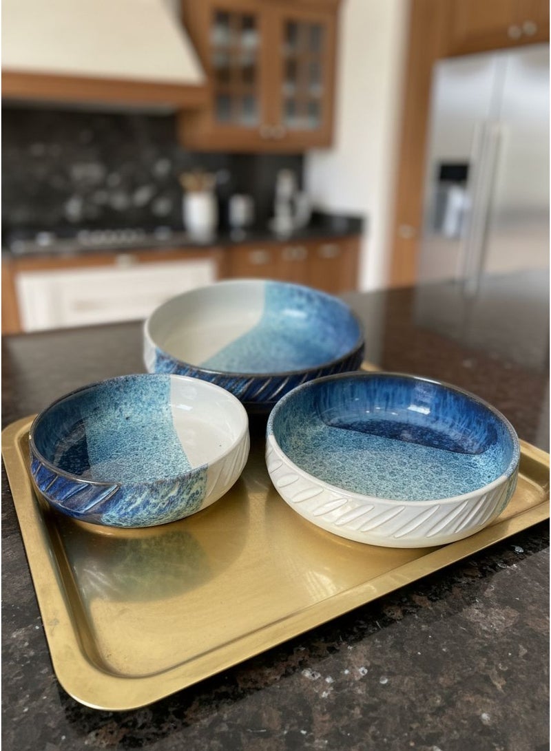 كذا هوم كاسا هوم طقم أوعية تقديم من بورسلين ستونوير – تشطيب مزجج يدويًا بطابع حرفي، أزرق محيطي وعاجي ناعم، أطباق دائرية ضحلة عصرية للطعام والضيافة - Image 3