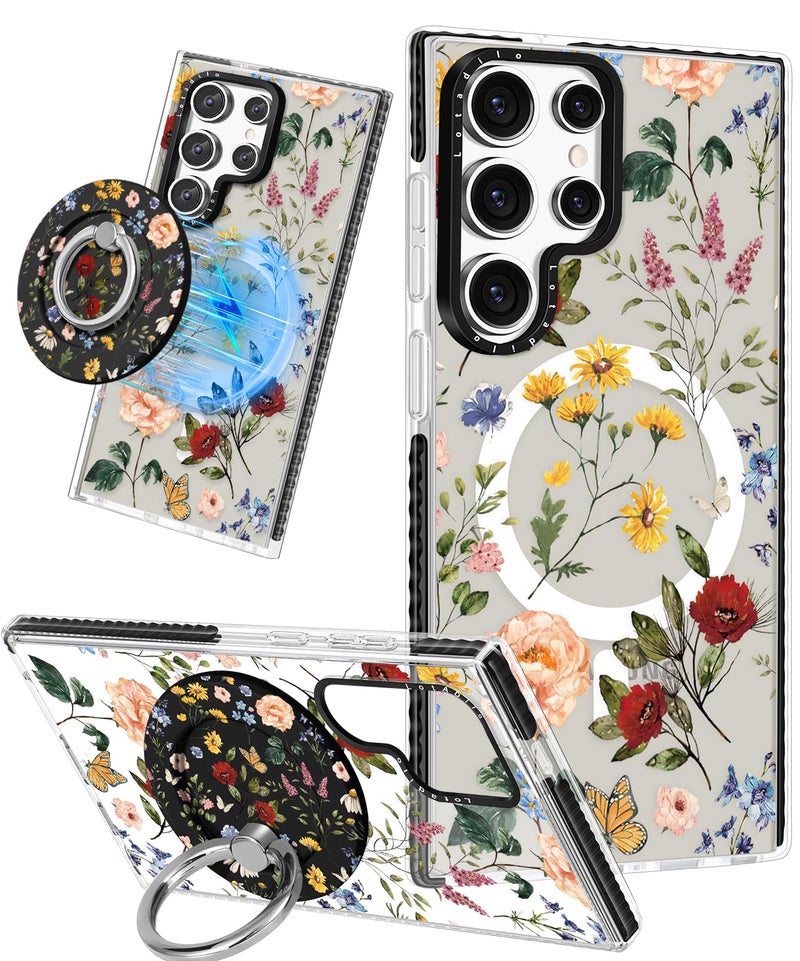 Lotadilo Cute Case for Samsung Galaxy S25 Ultra for Women Girls - Funny Retro Flower Design Compatible with Magsafe Magnetic Ring Holder Kickstand Fashion TPU Phone Covers - Image 1