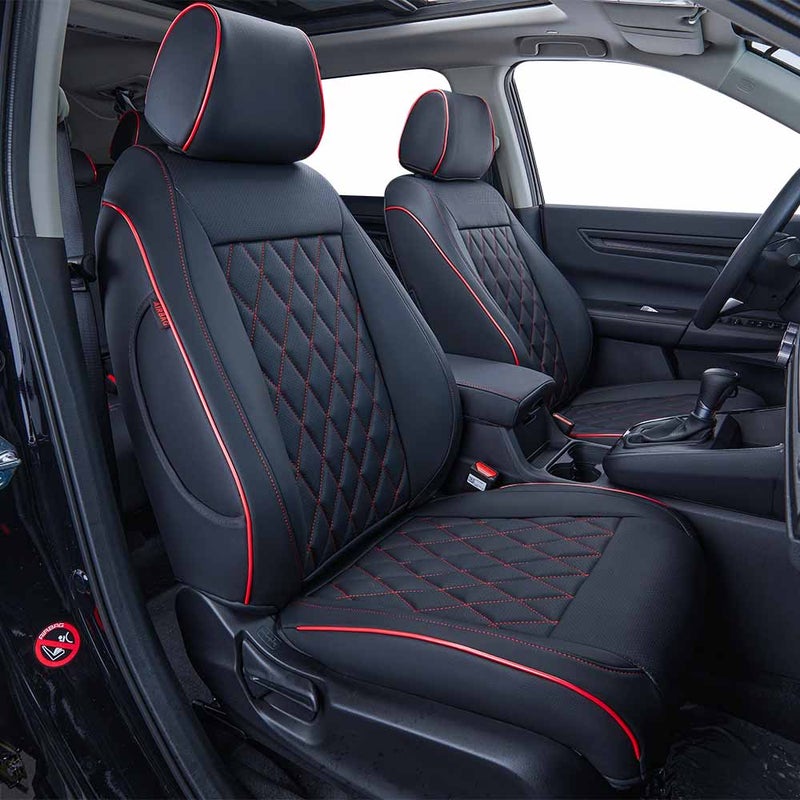 EKR CRV Seat Covers Custom Fit for Honda CRV 2017 2018 2019 2020 2021 2022Leather Car Seat Cover Full Set for Trucks SUVWaterproof Car Seat CushionFaux Leather Black with Red Piping