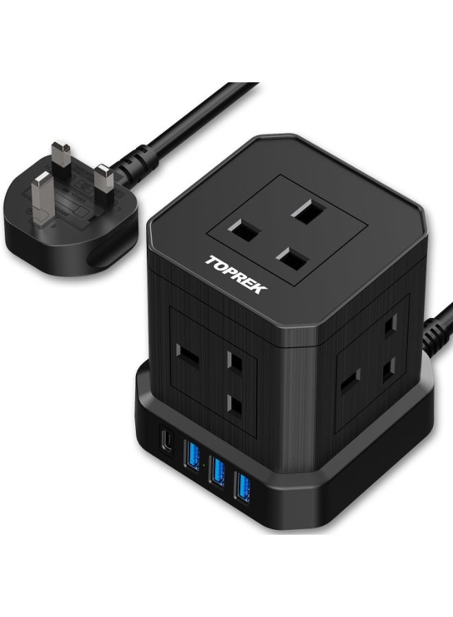 TOPREK Cube Extension Lead with USB Slots, 5 Way Power Strip with 5 AC Outlet 4 USB (20W PD3.0 Fast Charger) 1 Switch, 2M Extension Cord, 3250W/13A, UK Power Strip for Desk Home Office Travel - Image 1