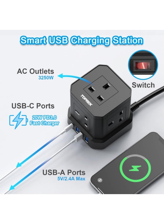 TOPREK Cube Extension Lead with USB Slots, 5 Way Power Strip with 5 AC Outlet 4 USB (20W PD3.0 Fast Charger) 1 Switch, 2M Extension Cord, 3250W/13A, UK Power Strip for Desk Home Office Travel - Image 3