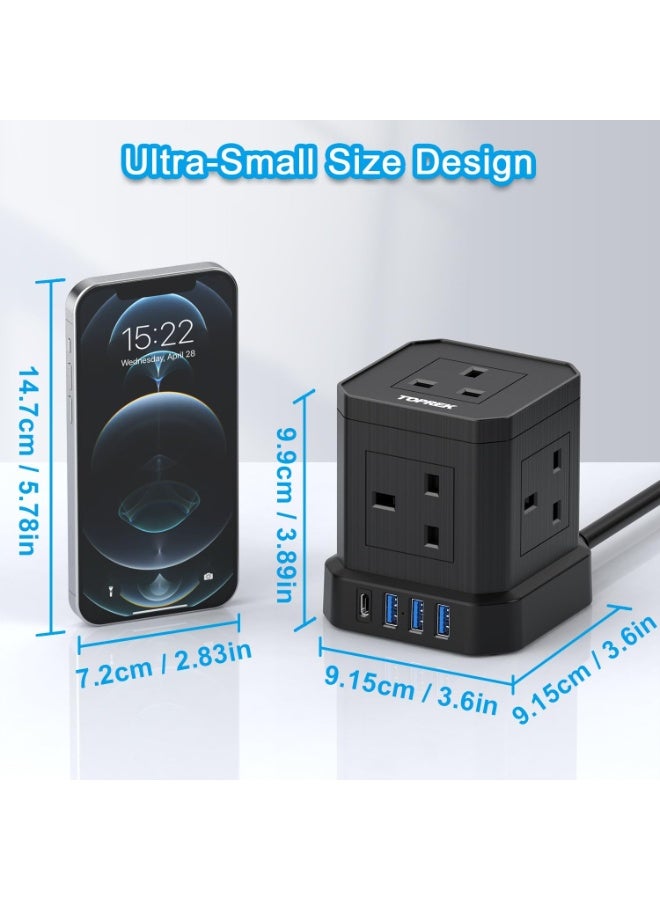 TOPREK Cube Extension Lead with USB Slots, 5 Way Power Strip with 5 AC Outlet 4 USB (20W PD3.0 Fast Charger) 1 Switch, 2M Extension Cord, 3250W/13A, UK Power Strip for Desk Home Office Travel - Image 5