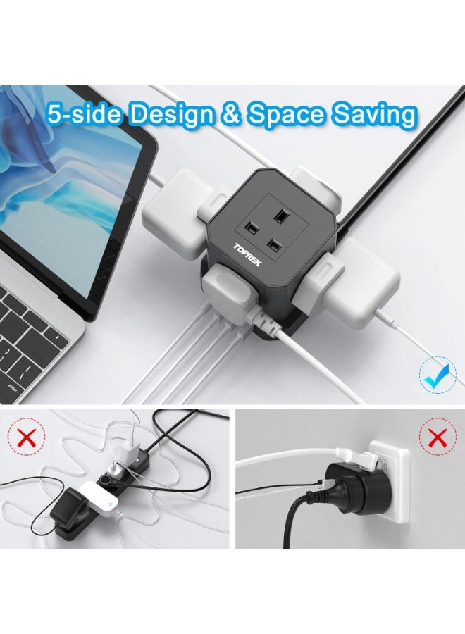 TOPREK Cube Extension Lead with USB Slots, 5 Way Power Strip with 5 AC Outlet 4 USB (20W PD3.0 Fast Charger) 1 Switch, 2M Extension Cord, 3250W/13A, UK Power Strip for Desk Home Office Travel - Image 2