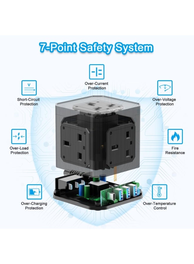 TOPREK Cube Extension Lead with USB Slots, 5 Way Power Strip with 5 AC Outlet 4 USB (20W PD3.0 Fast Charger) 1 Switch, 2M Extension Cord, 3250W/13A, UK Power Strip for Desk Home Office Travel - Image 4
