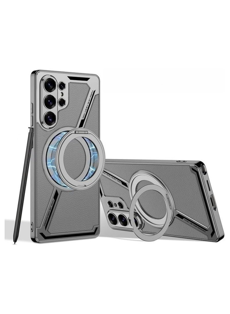 حافظة جلدية مغناطيسية متوافقة مع Samsung Galaxy S26 Ultra، تتميز بحامل دوار + شحن لاسلكي، نظام تبديد حرارة بدون إطار، وغطاء جلدي مقاوم للسقوط.