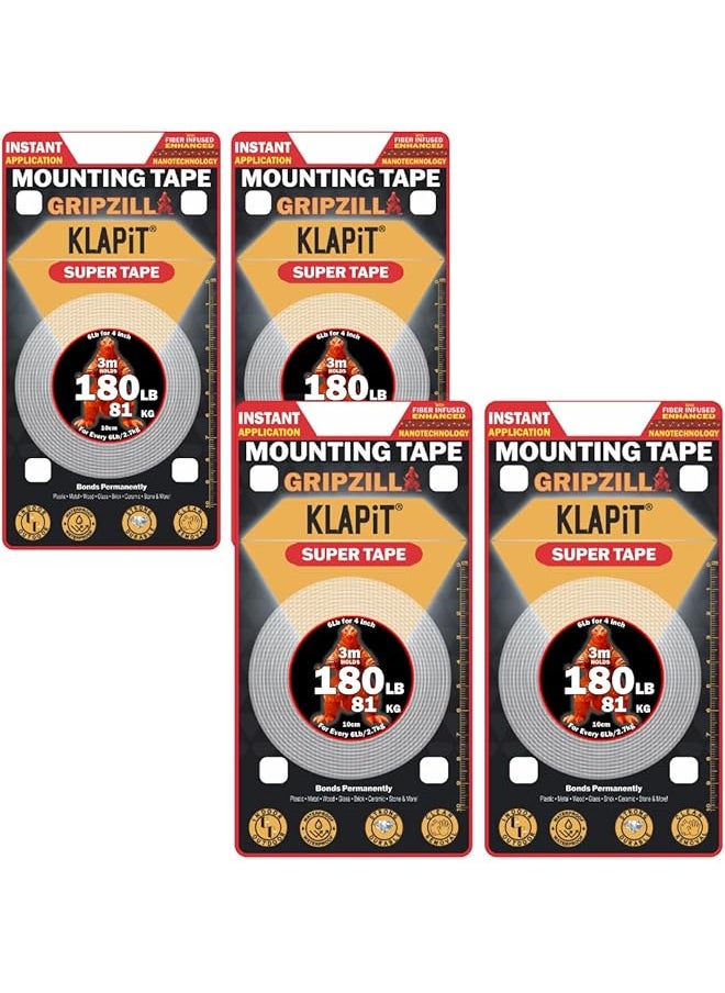 KLAPiT KLAPiT SUPER TAPE - GRIPZILLA 3 Meter Heavy Duty Double-Sided Nano Tape Holds 180lb/81kg | Strong Adhesive Tape for Wall Mounting, Rugs, and DIY | Residue-Free & Waterproof (4 pc pack)  - Image 1
