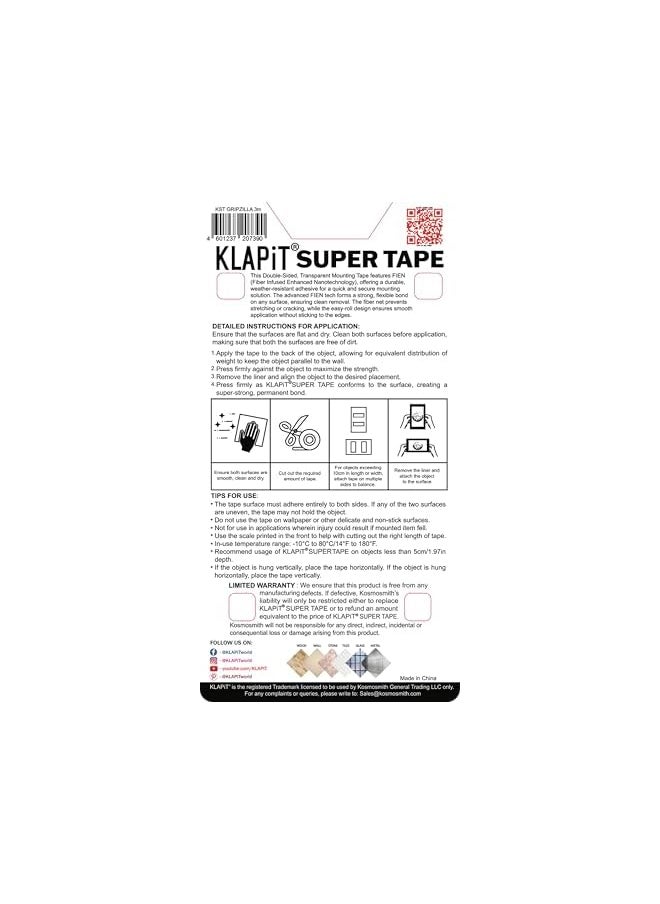 KLAPiT KLAPiT SUPER TAPE - GRIPZILLA 3 Meter Heavy Duty Double-Sided Nano Tape Holds 180lb/81kg | Strong Adhesive Tape for Wall Mounting, Rugs, and DIY | Residue-Free & Waterproof (4 pc pack)  - Image 5