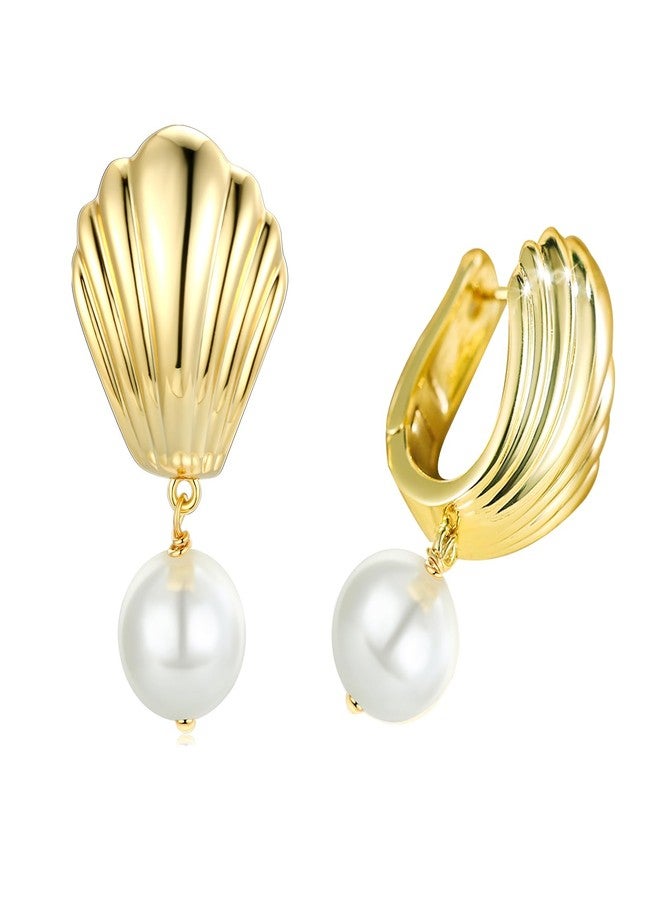 ايه إي لايف أقراط متدلية من الذهب الأصفر على شكل صدفة بحرية - أقراط لؤلؤ مضادة للحساسية للنساء - هدايا مثالية - Image 1