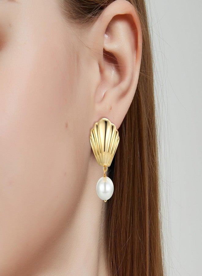 ايه إي لايف أقراط متدلية من الذهب الأصفر على شكل صدفة بحرية - أقراط لؤلؤ مضادة للحساسية للنساء - هدايا مثالية - Image 3