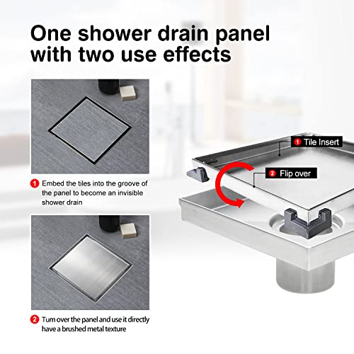 SaniteModar Shower Drain, Invisible 6 inch Square Shower Drain 2-in-1 Tile Insert Cover, 304 Stainless Steel Brushed Shower Floor Drain with Hair Catcher and Threaded Adapter - Image 3