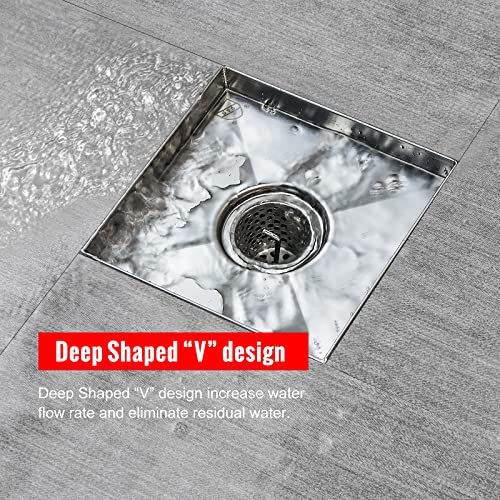 SaniteModar Shower Drain, Invisible 6 inch Square Shower Drain 2-in-1 Tile Insert Cover, 304 Stainless Steel Brushed Shower Floor Drain with Hair Catcher and Threaded Adapter - Image 5