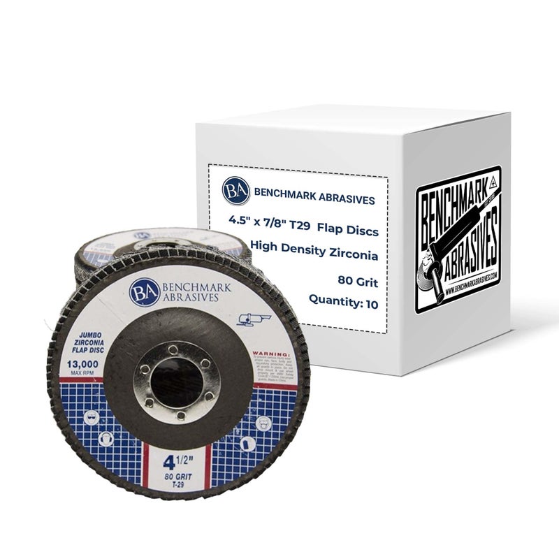 Benchmark Abrasives 4.5" x 7/8" Premium High Density Jumbo Zirconia Type 29 Flap Discs 4 1/2 for Angle Grinder, Sanding Discs, Finishing - Grinding Wheels 4 1/2 Inch (10 Pack) - 80 Grit - Image 1