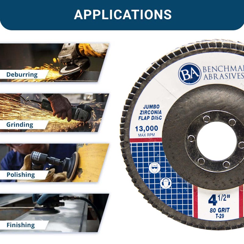 Benchmark Abrasives 4.5" x 7/8" Premium High Density Jumbo Zirconia Type 29 Flap Discs 4 1/2 for Angle Grinder, Sanding Discs, Finishing - Grinding Wheels 4 1/2 Inch (10 Pack) - 80 Grit - Image 4