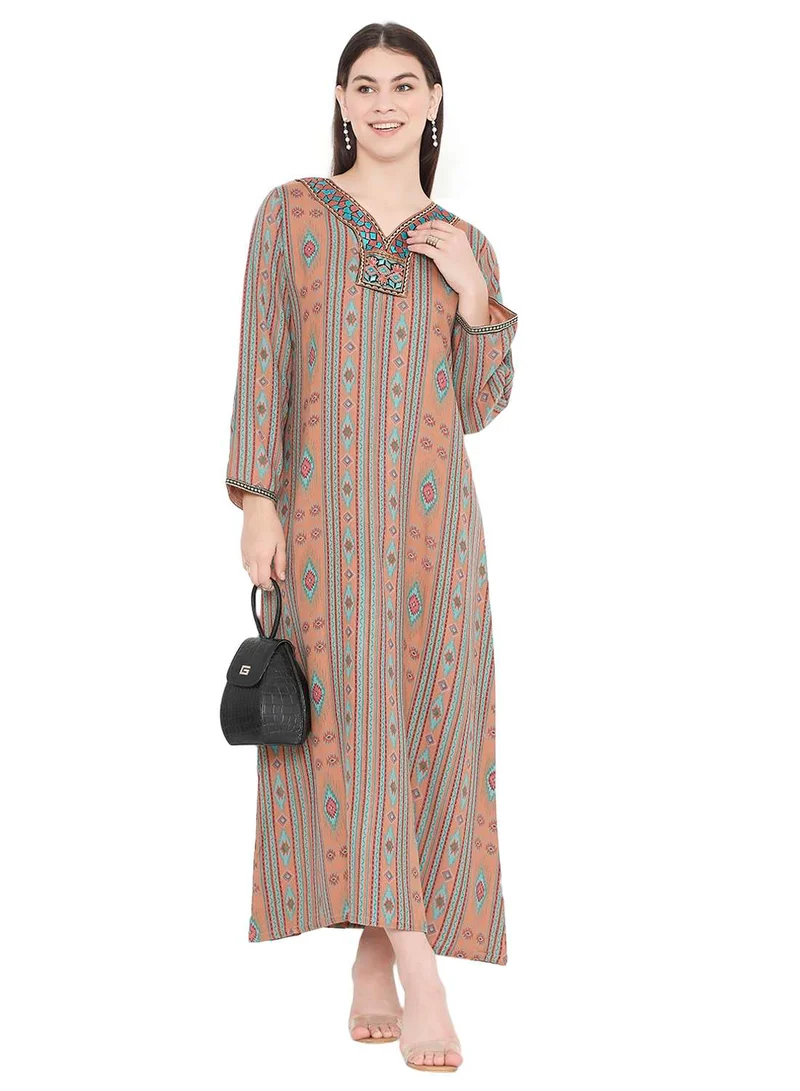 HANA & SARA UNIQUE PRINTED LONG SLEEVES WITH NECK EMBROIDERED ARABIC KAFTAN JALABIYA DRESS