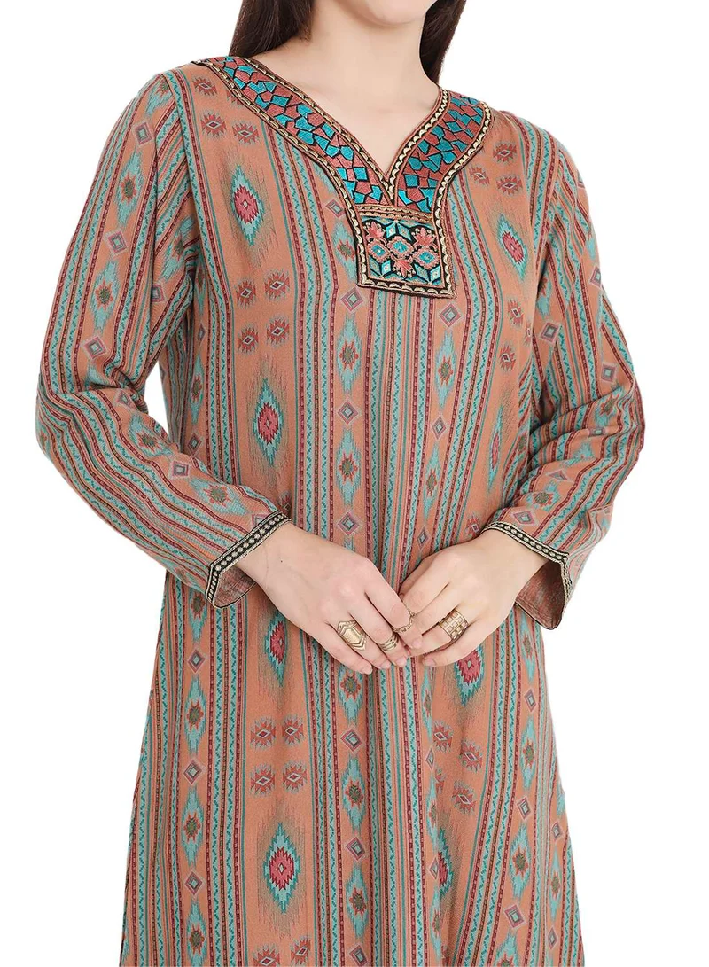 HANA & SARA UNIQUE PRINTED LONG SLEEVES WITH NECK EMBROIDERED ARABIC KAFTAN JALABIYA DRESS