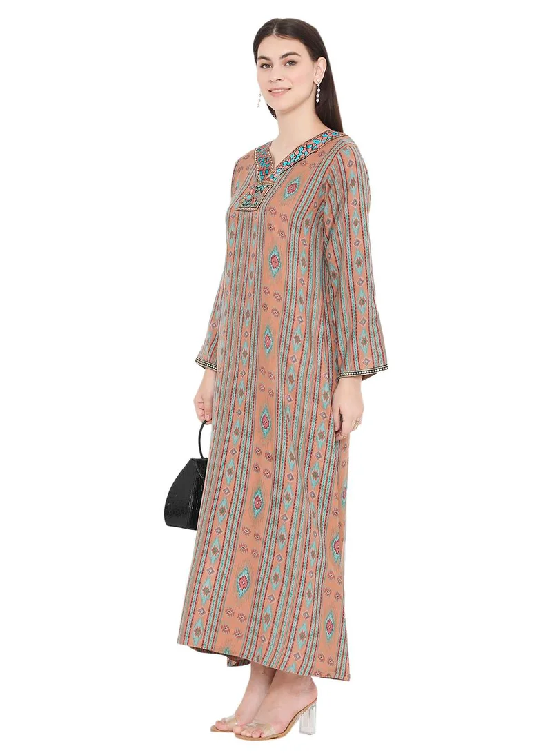 HANA & SARA UNIQUE PRINTED LONG SLEEVES WITH NECK EMBROIDERED ARABIC KAFTAN JALABIYA DRESS