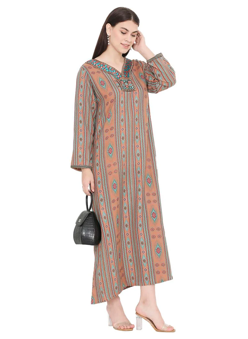 HANA & SARA UNIQUE PRINTED LONG SLEEVES WITH NECK EMBROIDERED ARABIC KAFTAN JALABIYA DRESS