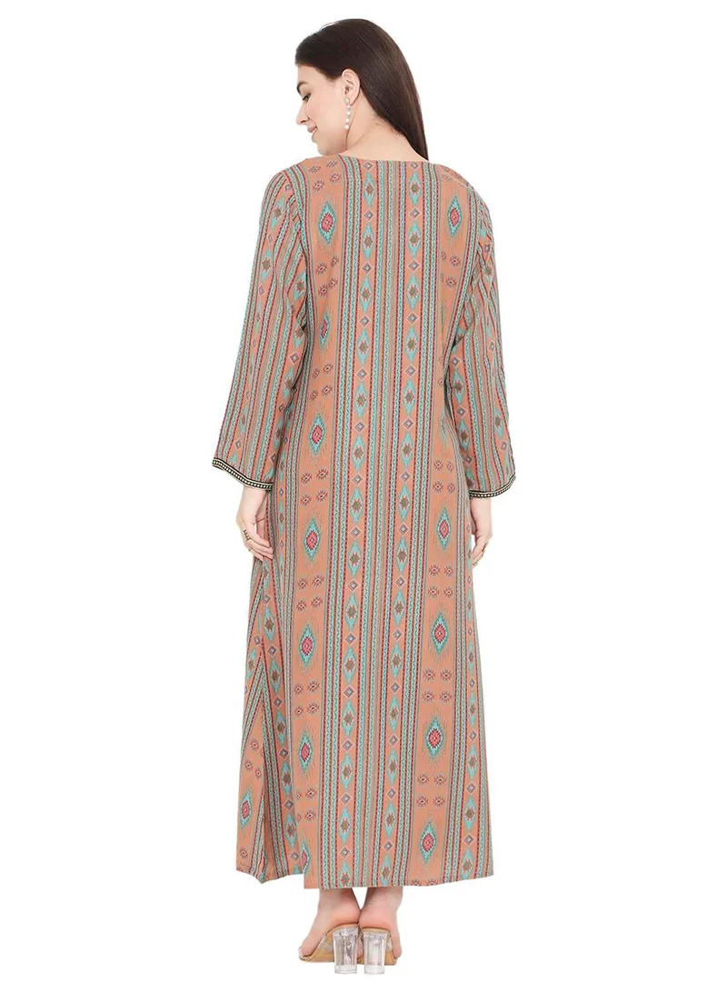 HANA & SARA UNIQUE PRINTED LONG SLEEVES WITH NECK EMBROIDERED ARABIC KAFTAN JALABIYA DRESS
