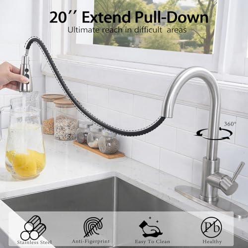 HOTIS HOME HOTIS Kitchen Faucet with Pull Down Sprayer Brushed Nickel Stainless Steel High Arc Single Handle Faucets with Deck Plate for 1 or 3 Hole Suitable for Farmhouse Camper Rv Bar HTKF100 - Image 3