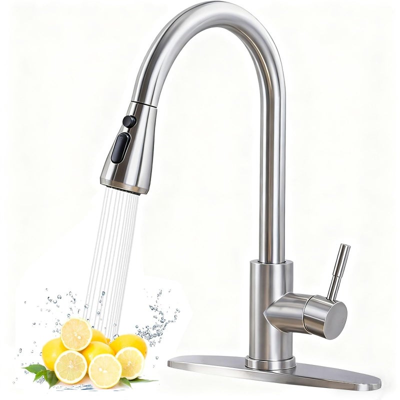 HOTIS HOME HOTIS Kitchen Faucet with Pull Down Sprayer Brushed Nickel Stainless Steel High Arc Single Handle Faucets with Deck Plate for 1 or 3 Hole Suitable for Farmhouse Camper Rv Bar HTKF100 - Image 2