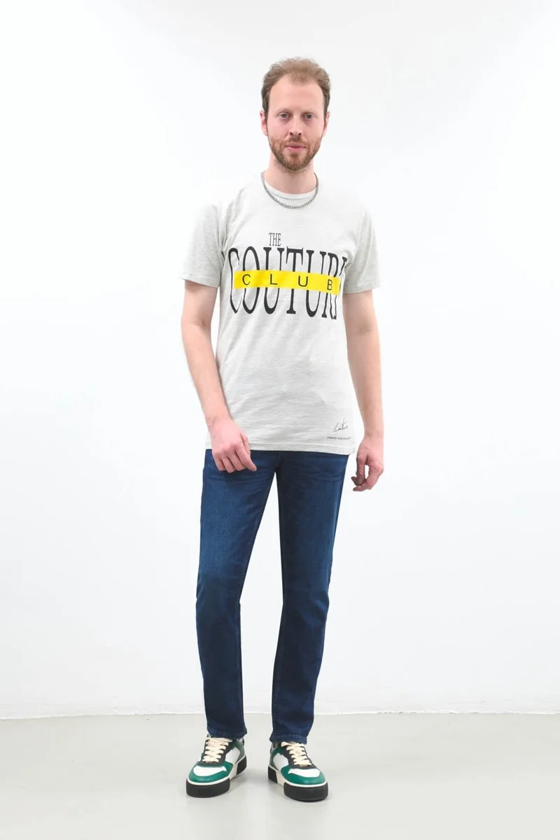 ماركابيا مان Men's Light Grey Couture Printed Crew Neck T-shirt