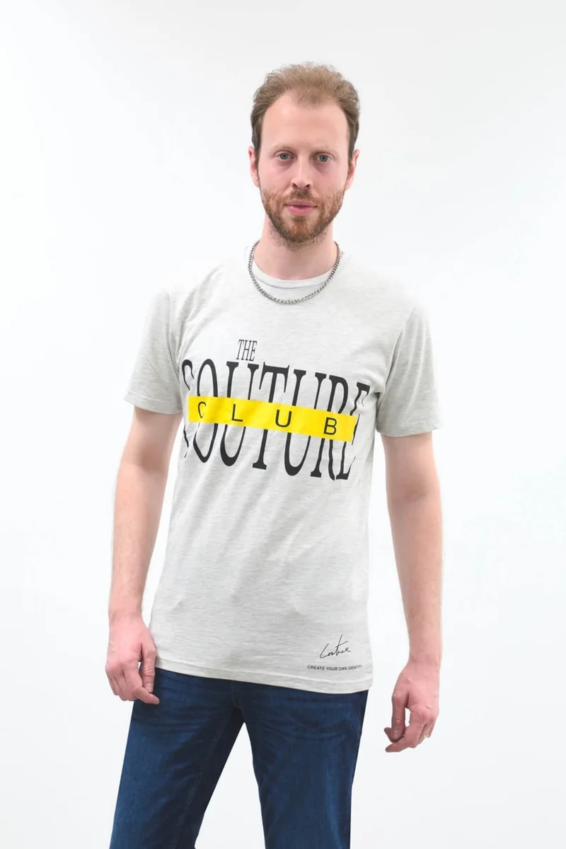 ماركابيا مان Men's Light Grey Couture Printed Crew Neck T-shirt