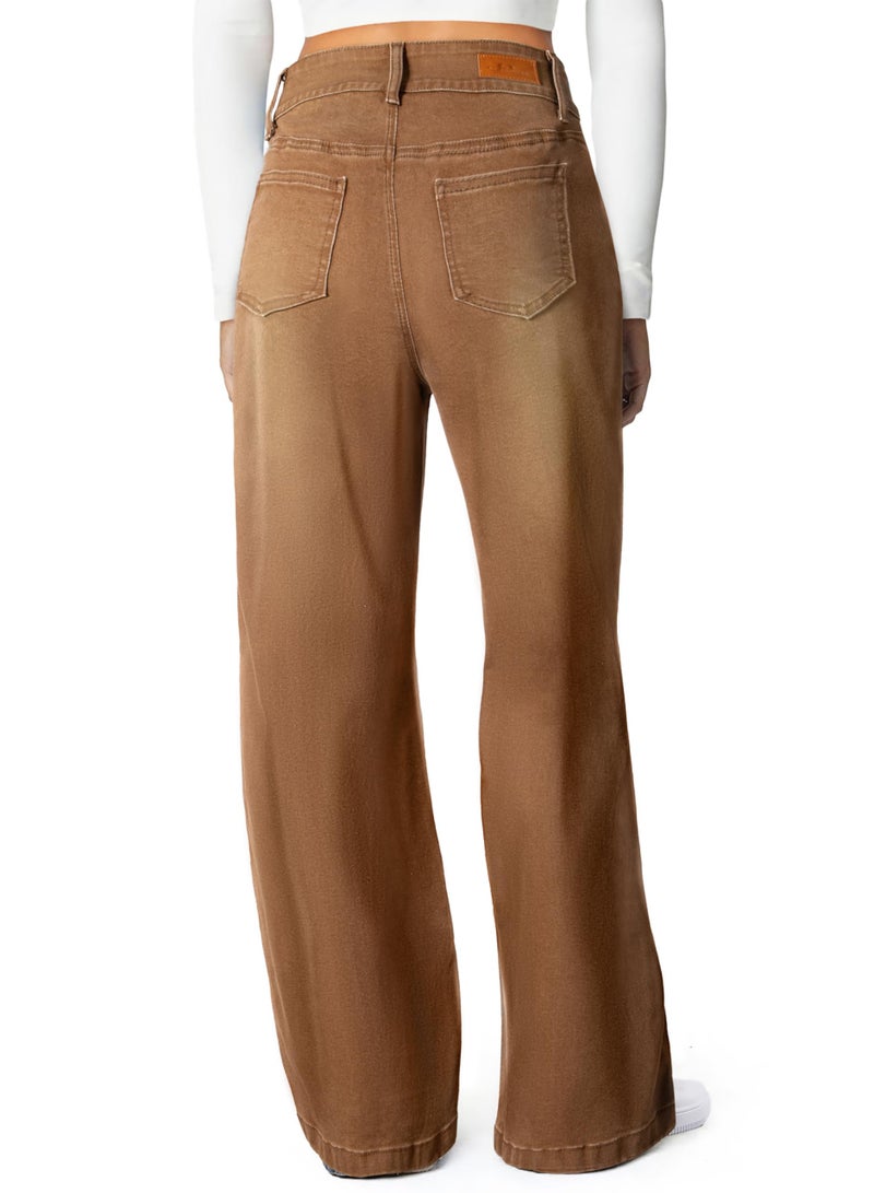 Sidefeel Womens High Waisted Stretchy Wide Leg Jeans Seamed Front Straight Leg Trendy Loose Denim Pants Brown Size 14 - Image 2
