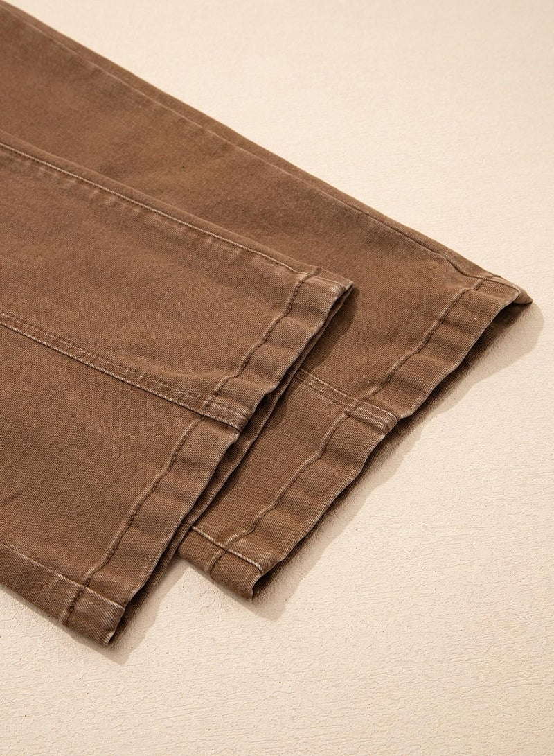 Sidefeel Womens High Waisted Stretchy Wide Leg Jeans Seamed Front Straight Leg Trendy Loose Denim Pants Brown Size 14 - Image 5