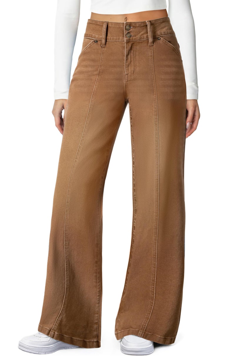 Sidefeel Womens High Waisted Stretchy Wide Leg Jeans Seamed Front Straight Leg Trendy Loose Denim Pants Brown Size 14 - Image 1