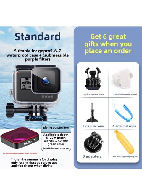 Suitable For Gopro5/6/7 Waterproof Shell Anti-fall Protective Shell Professional Diving Underwater Shooting Filter Accessories-Color:Gopro5/6/7 Transparent Waterproof Shell + Diving Purple Filter - 6 Gifts Included