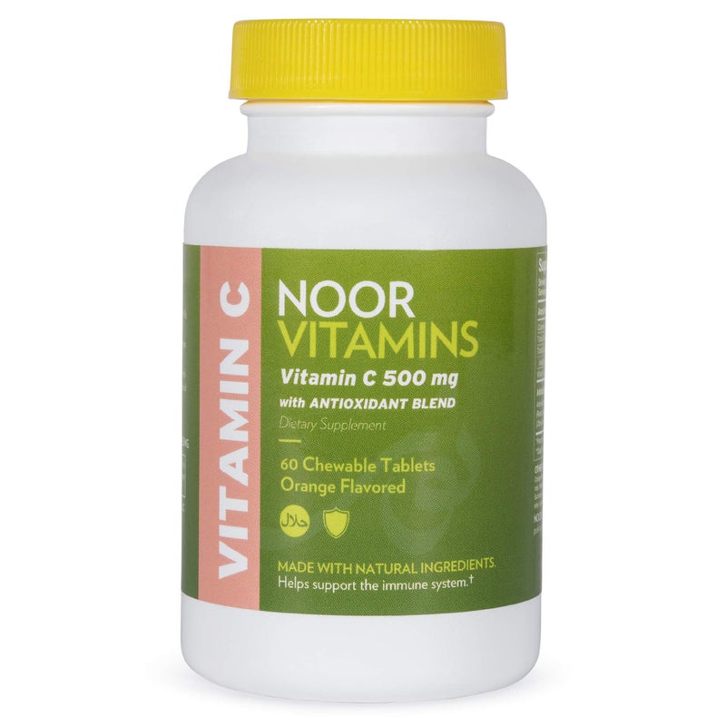 Noor Vitamins Noor Vitamins 500 MG Halal Vitamin C Chewable Tablets Rose HIPS and Antioxidants I Supports Immune System I Vegan Gluten Free Halal Vitamin 60 Orange Flavored Chewable Tablets I 2 Month Supply